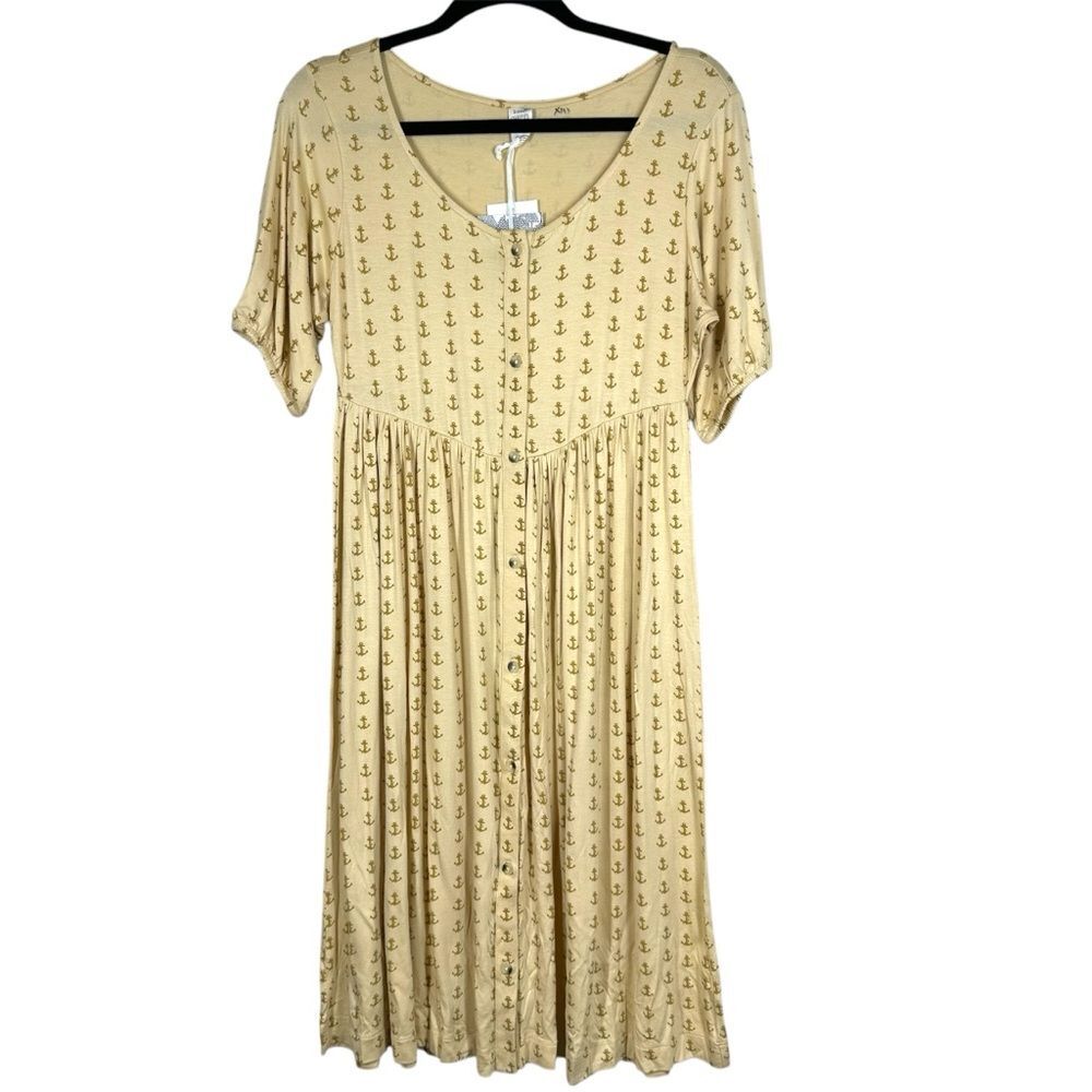NWT Kate Quinn Women’s Anchor Print Bamboo Midi Dress Button Front Neutral Small